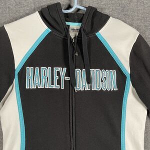 Harley-Davidson Hoodie Womens Medium Black Colorblock Full Zip Fleece Patches